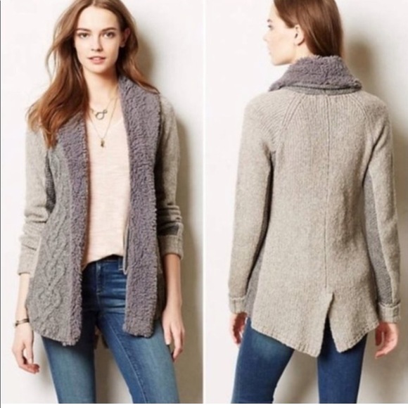 Anthropologie Sweaters - Anthro Sleeping on Snow Grey Sherpa Trim Longline Cable Knit Cardigan